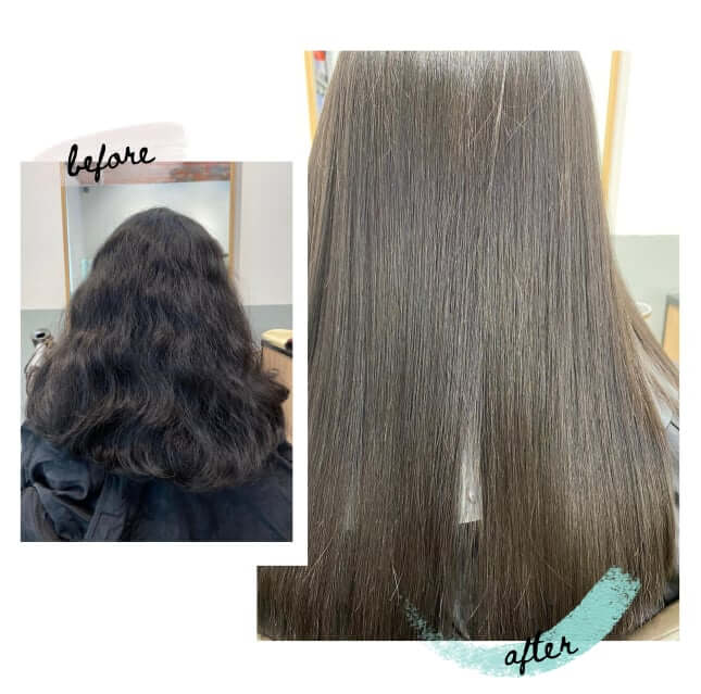 A client from overseas showing off her smooth hair after a Japanese soft rebonding treatment service.