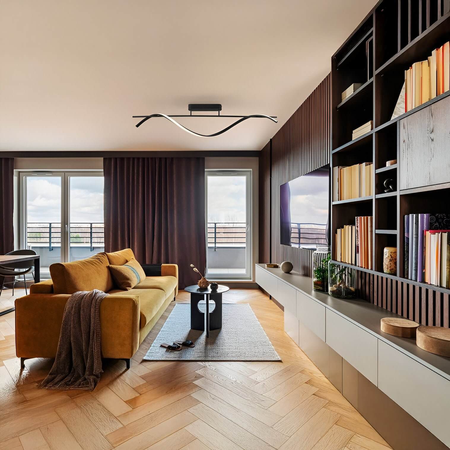 Living room ceiling light — Warm living room with mustard sofa, bookshelves, and a sleek, wavy black LED ceiling light.