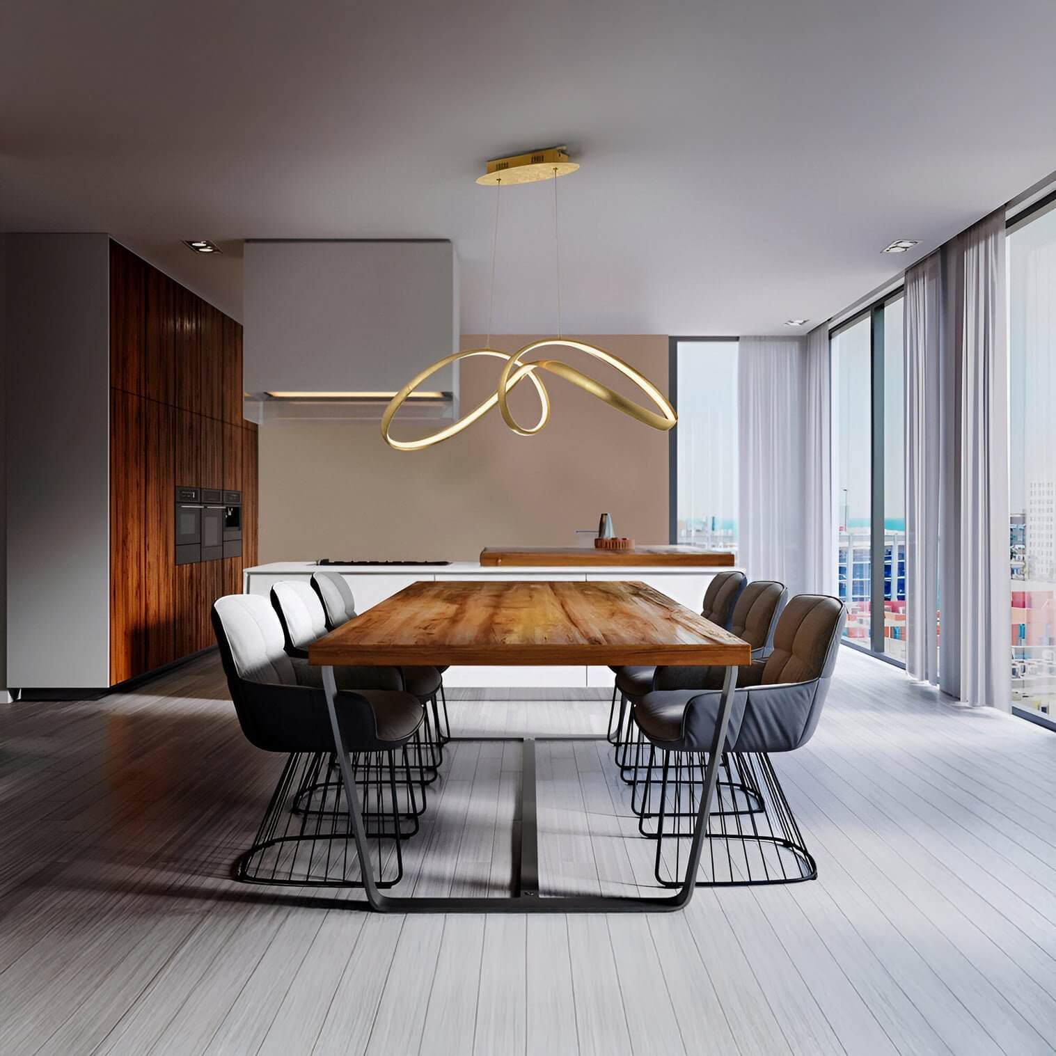 Contemporary dining space with wood accents, sculptural gold pendant, and full-height windows.