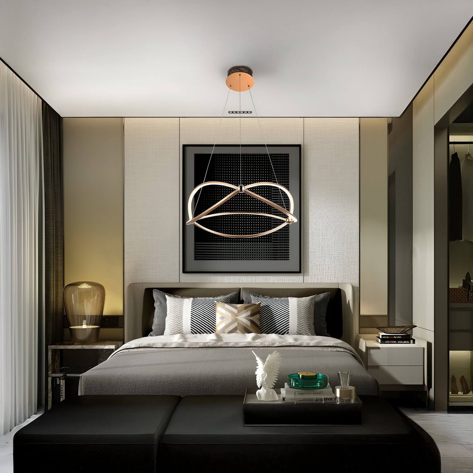 Modern bedroom with a sculptural LED chandelier above the bed and sleek neutral decor.