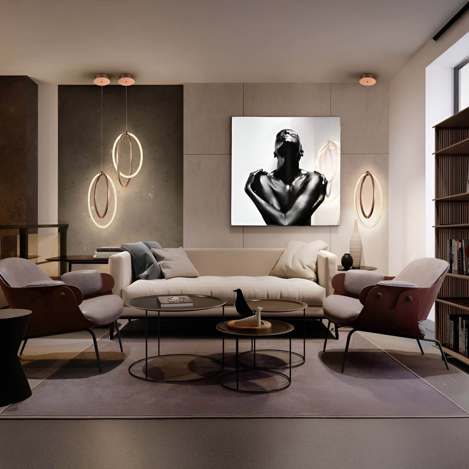Contemporary living room with a neutral sofa, accent chairs, circular nesting coffee tables, and artistic ring pendant and wall lights against a textured feature wall.