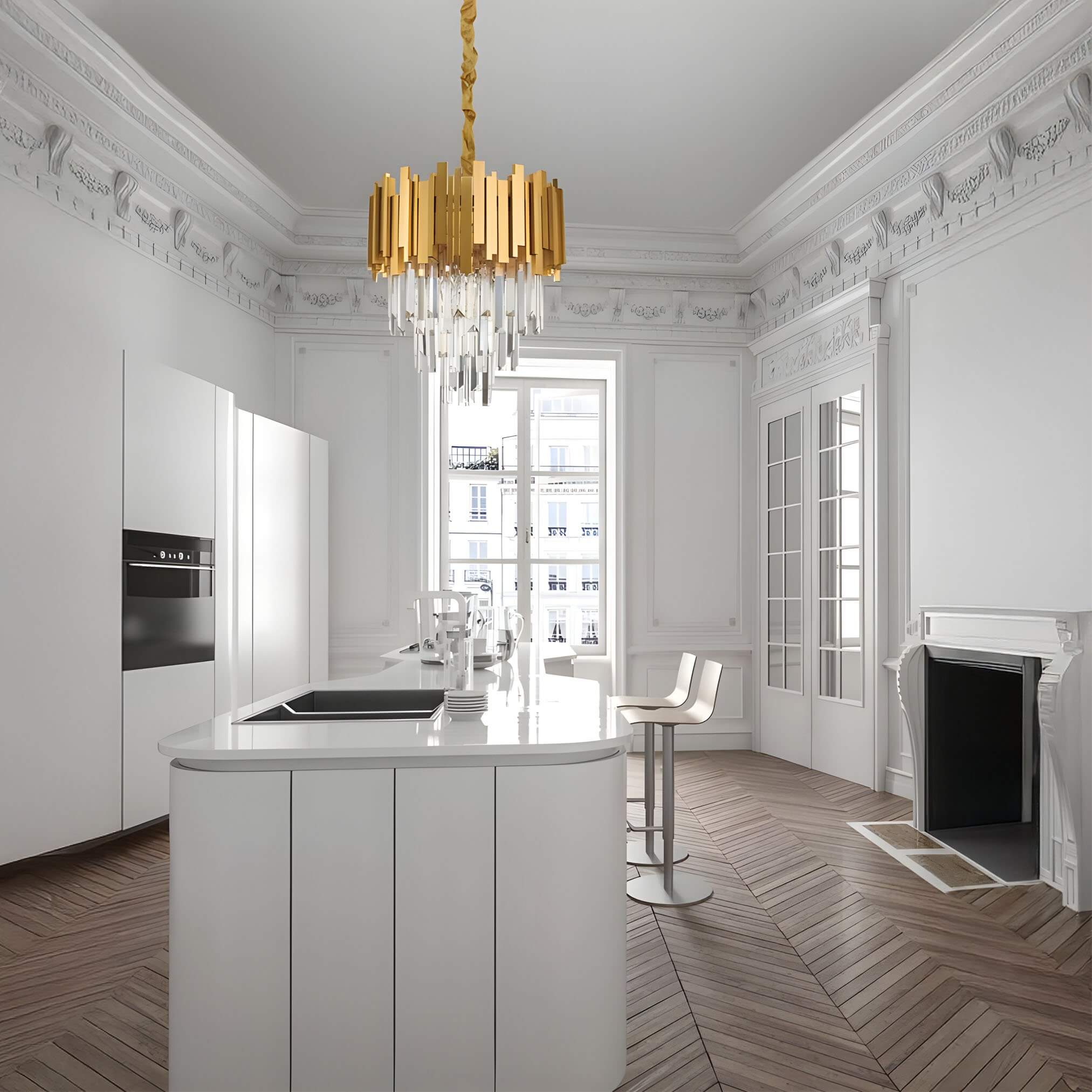 White Parisian-style kitchen with gold chandelier, detailed cornices, and central curved island.