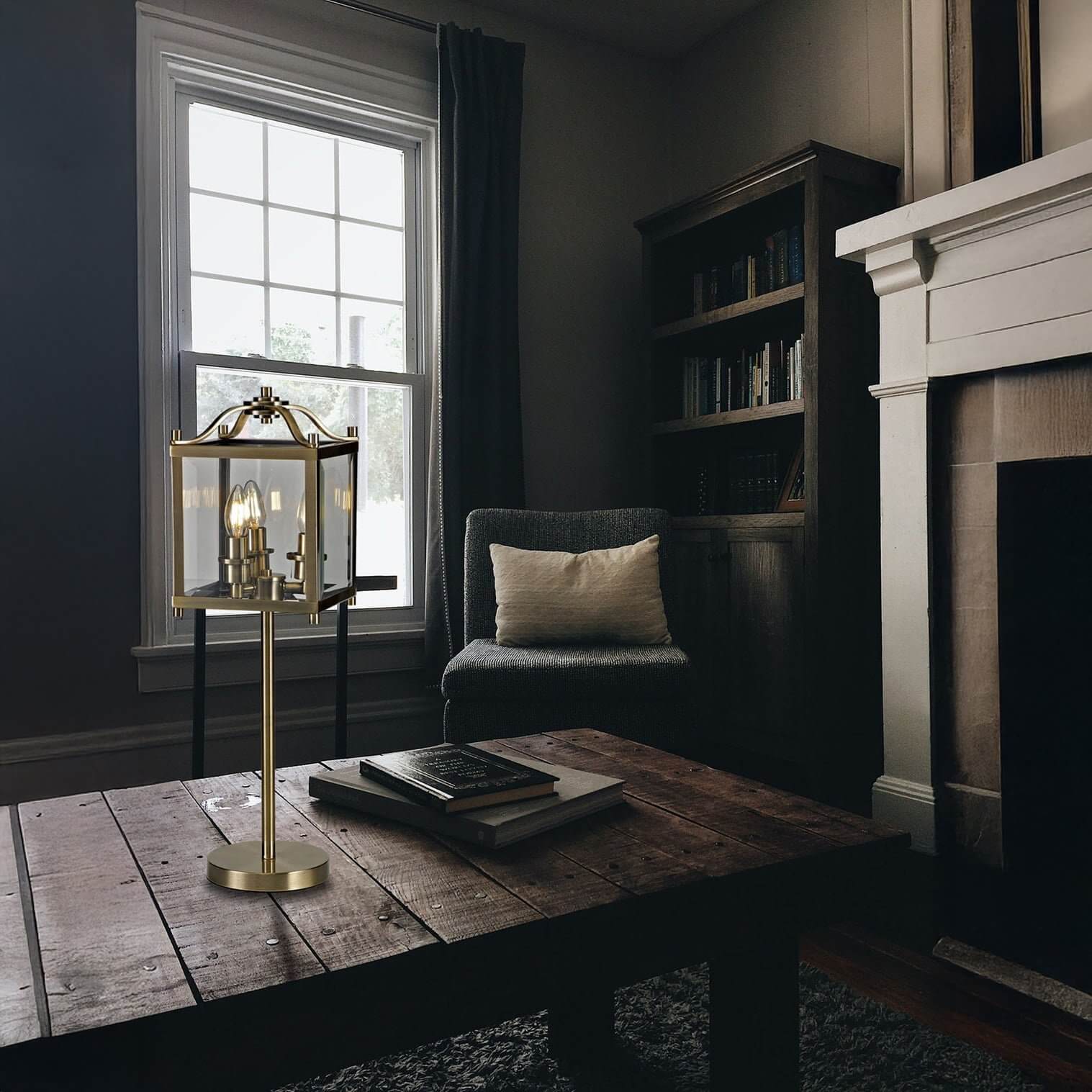 Cozy reading nook with a brass lantern-style table lamp on a rustic wooden coffee table.