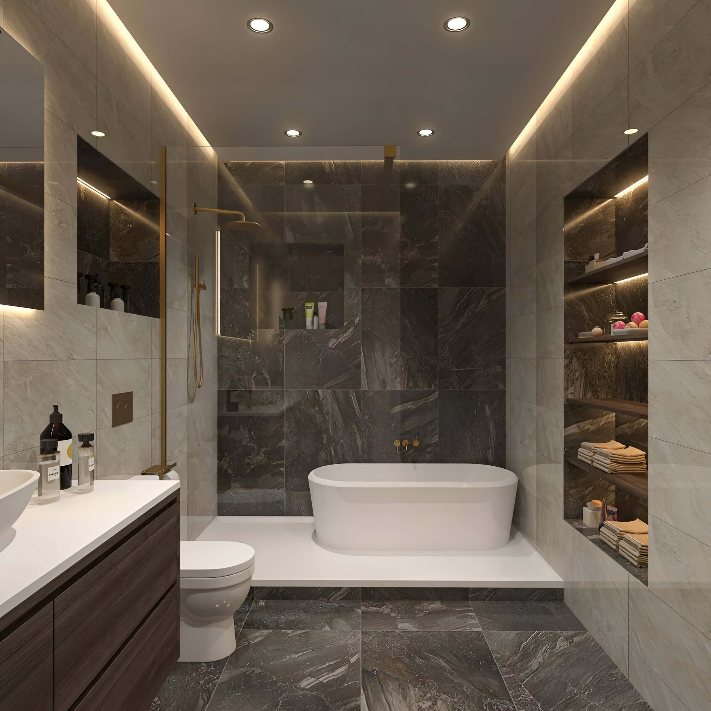 Modern bathroom with a freestanding tub, marble walls, built-in shelves, and warm recessed lighting for a spa-like ambiance.