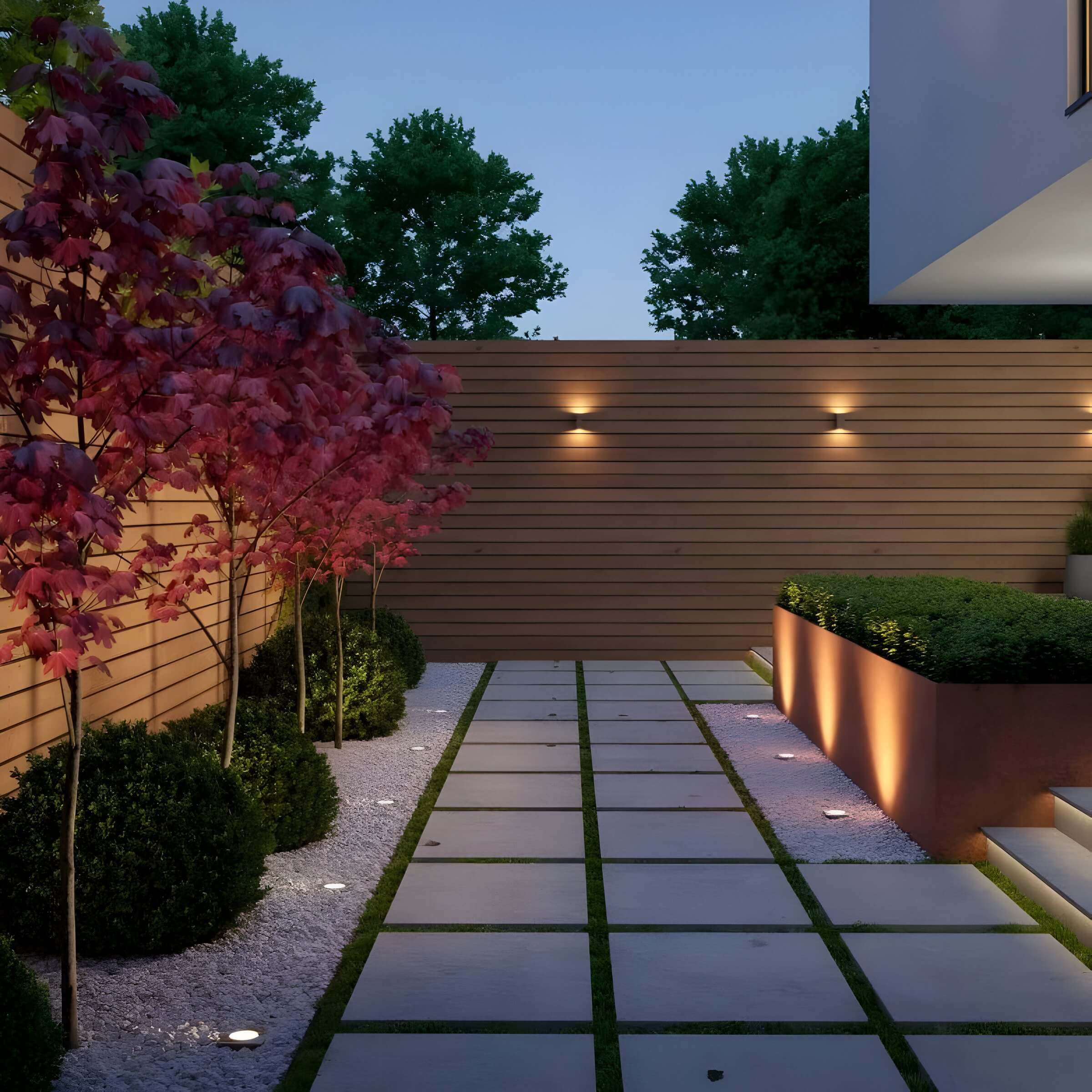 Wall-mounted garden lights casting twin beams across a horizontal wooden fence along a stone pathway.