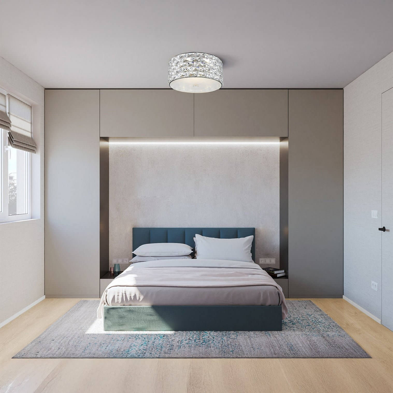 Crystal drum flush mount ceiling fixture in a minimalist bedroom.