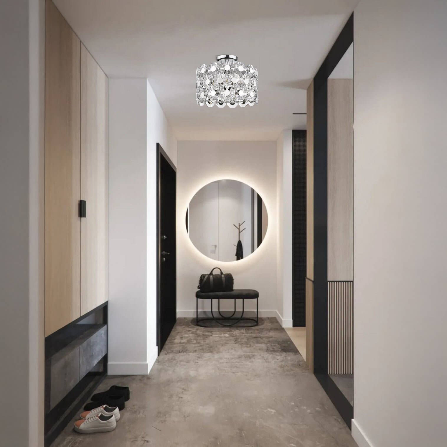Contemporary hallway with a round backlit mirror, bench seating, shoe storage, and a crystal flush mount ceiling light.