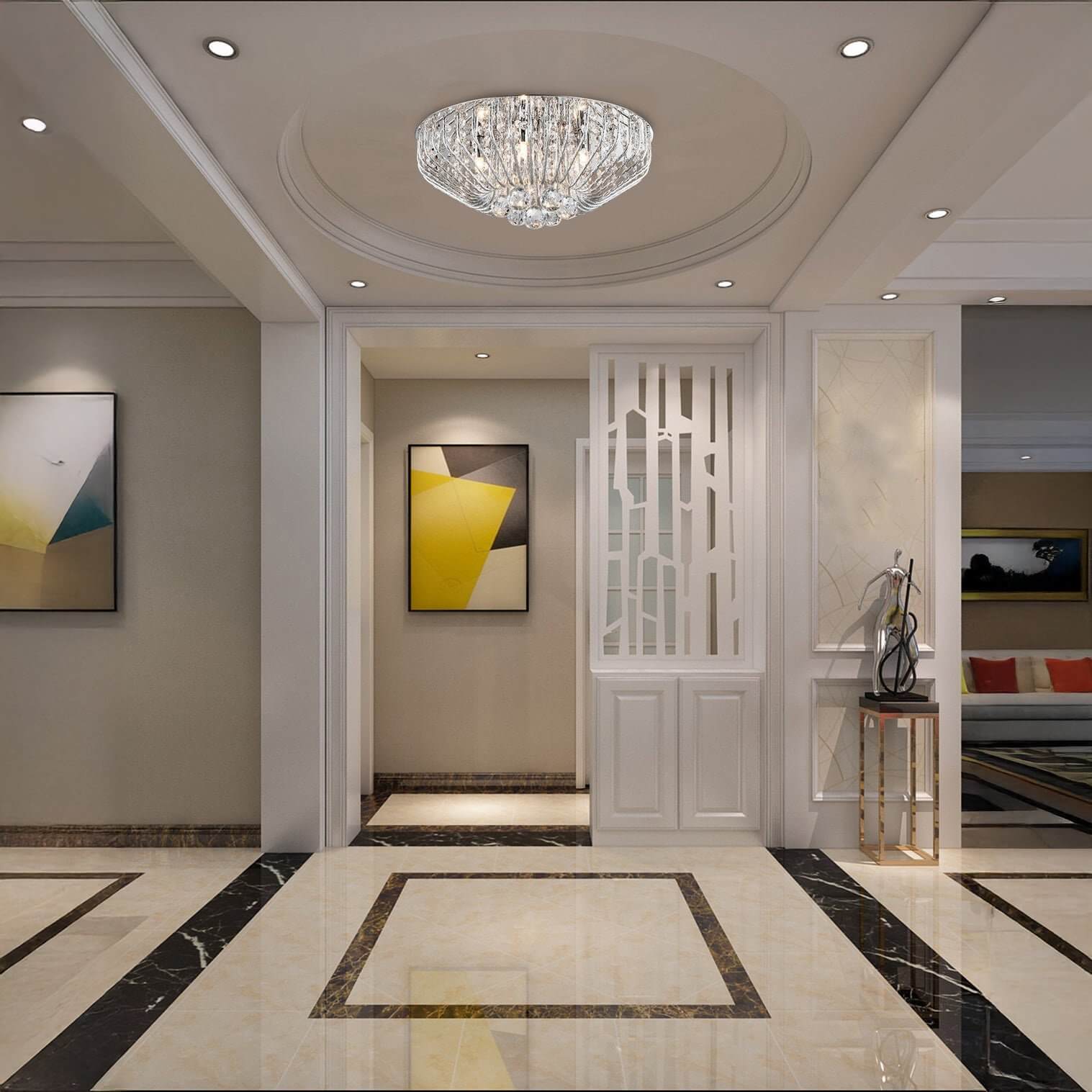 Crystal flush mount ceiling fixture adding elegance to a hallway.