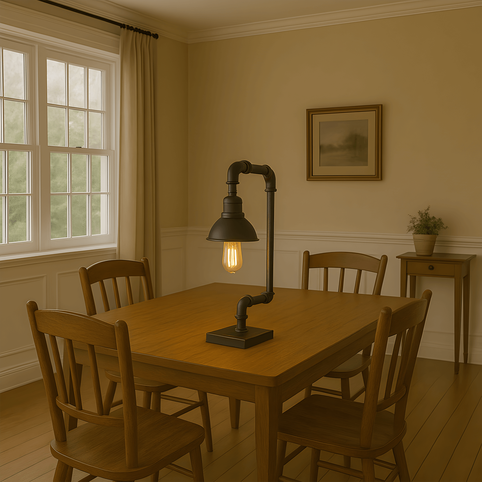 Industrial-style table lamp with bent pipe frame and exposed bulb on a wooden dining table.