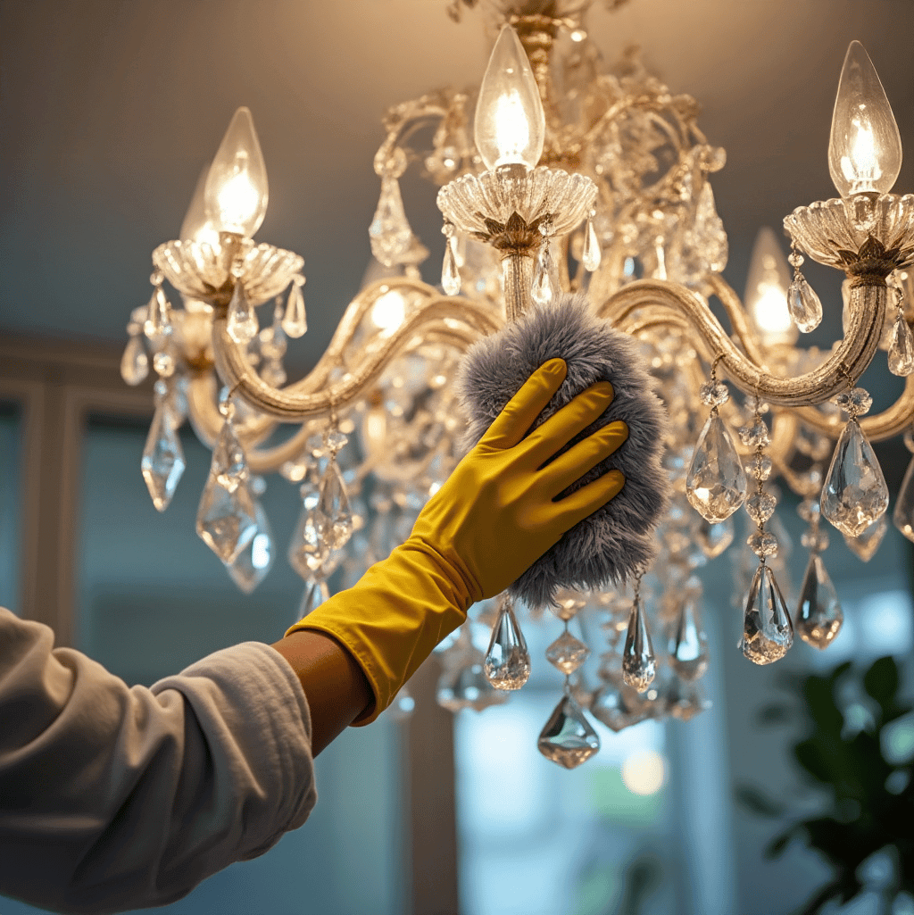 Hand dusting a lit crystal chandelier with a fluffy duster while wearing gloves.