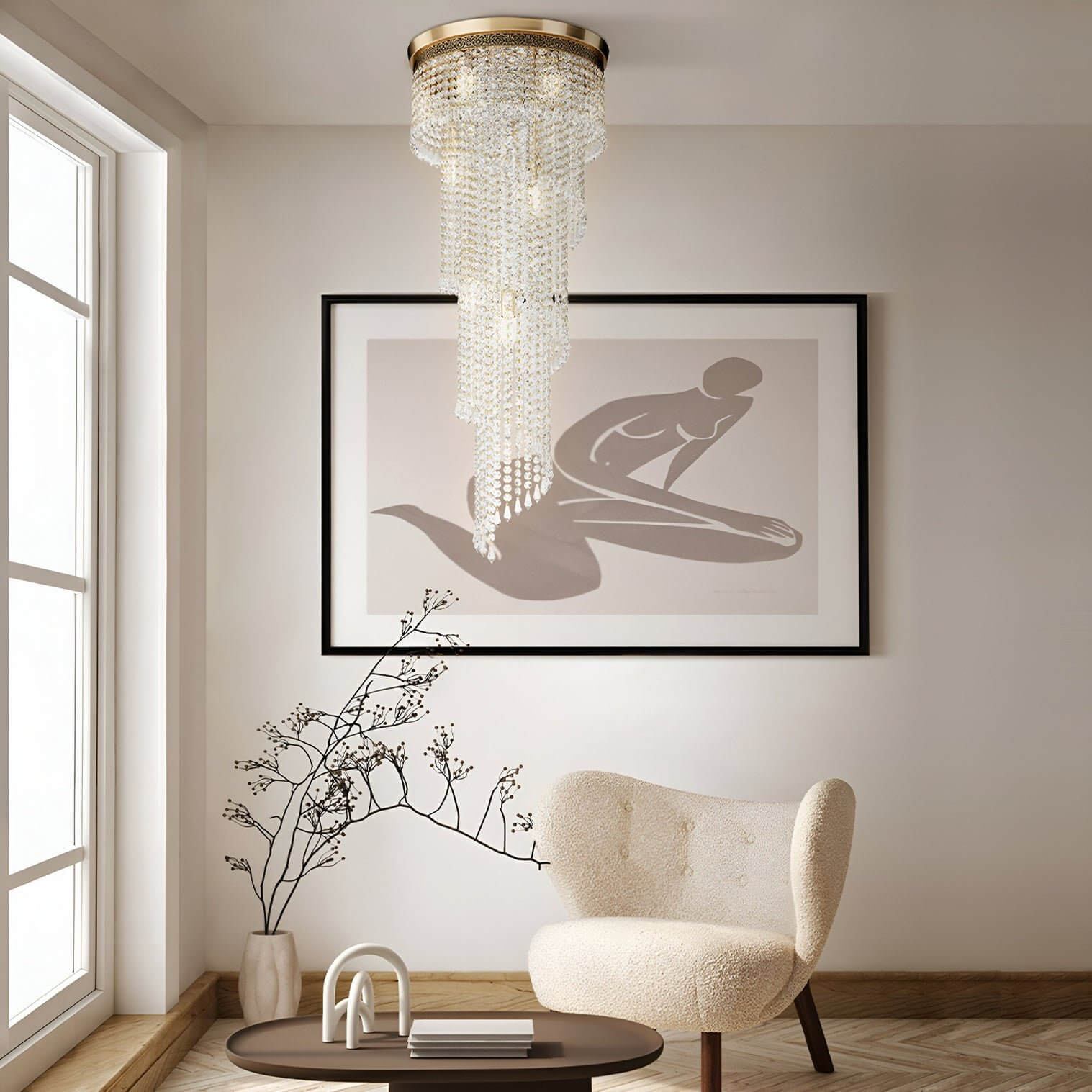 Gold flush mount chandelier with cascading crystal bead strands displayed in a minimalist living space with neutral tones.