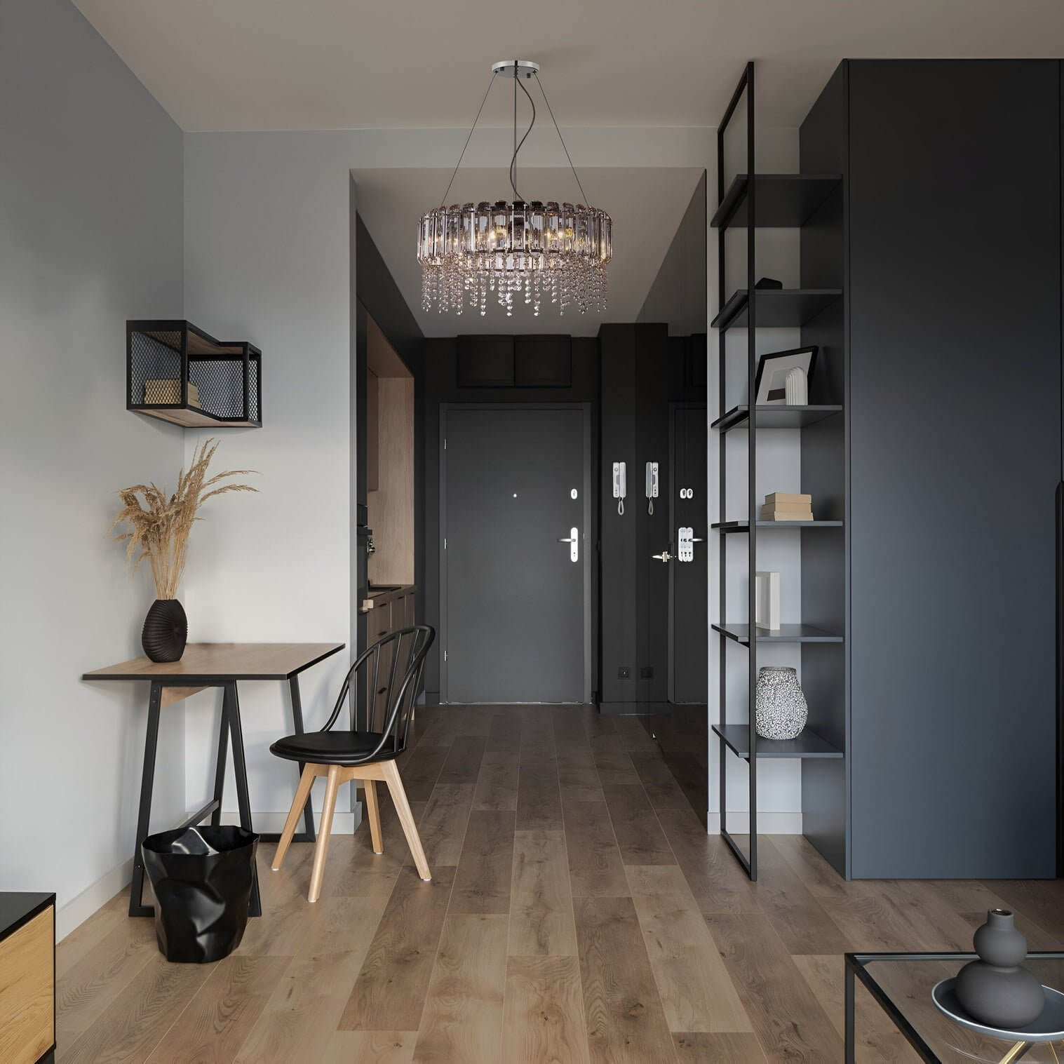 Modern entryway with a dark-toned crystal chandelier adding elegance to the space.