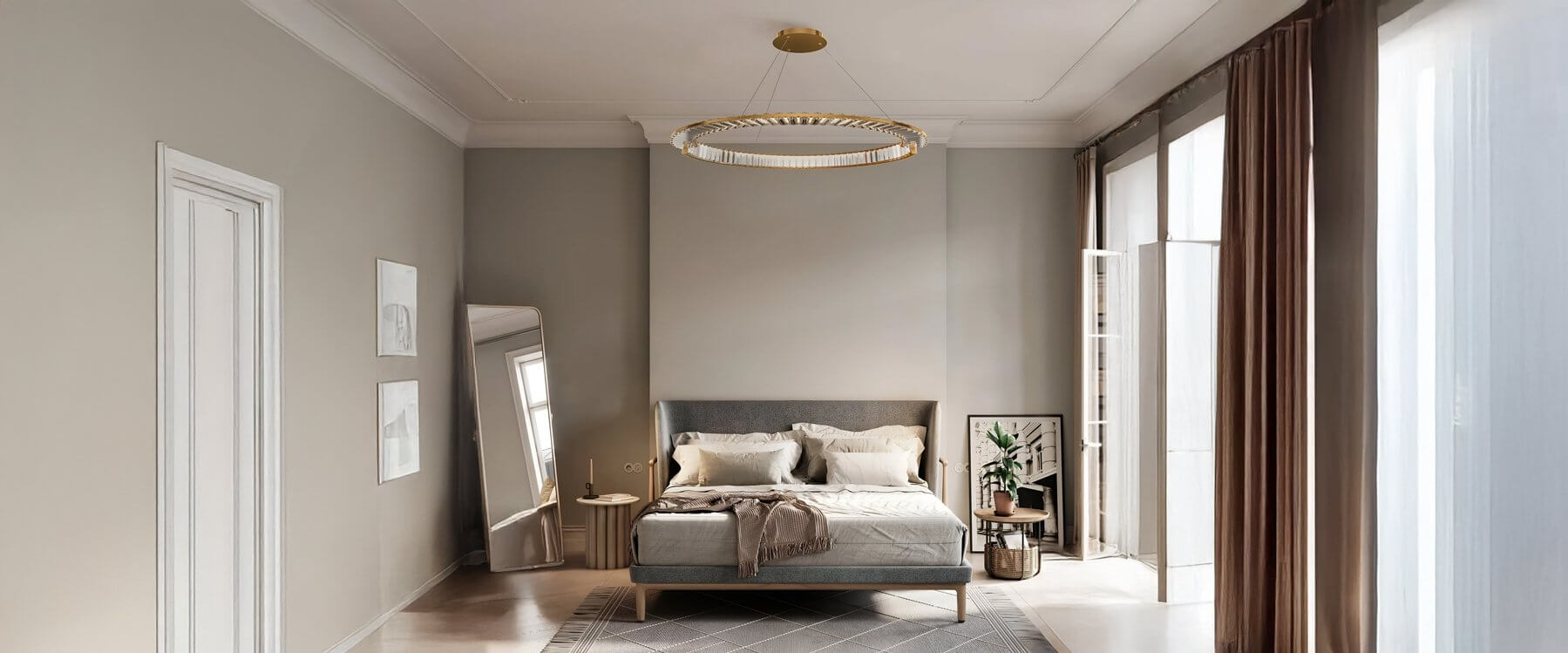 Elegant bedroom with a modern ring chandelier, neutral-toned decor, and floor-to-ceiling curtains bringing in natural light.