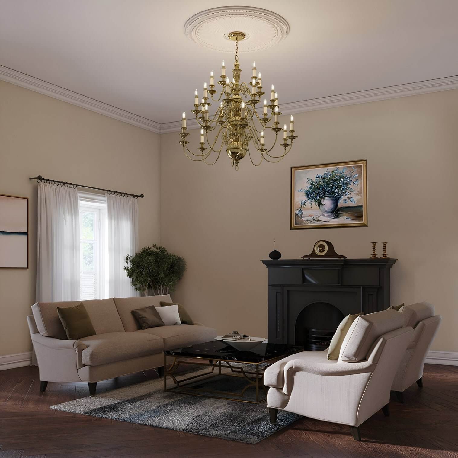 Classic gold chandelier with candle-style bulbs hanging in a traditional living room with neutral tones.