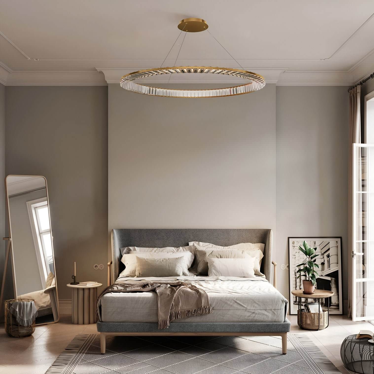Large circular crystal chandelier with gold accents suspended above a modern upholstered bed in a neutral bedroom.