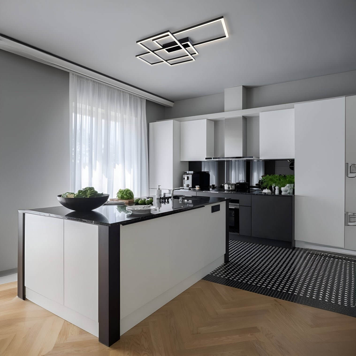 Modern ceiling light with layered square LED frames above a minimalist black-and-white kitchen.