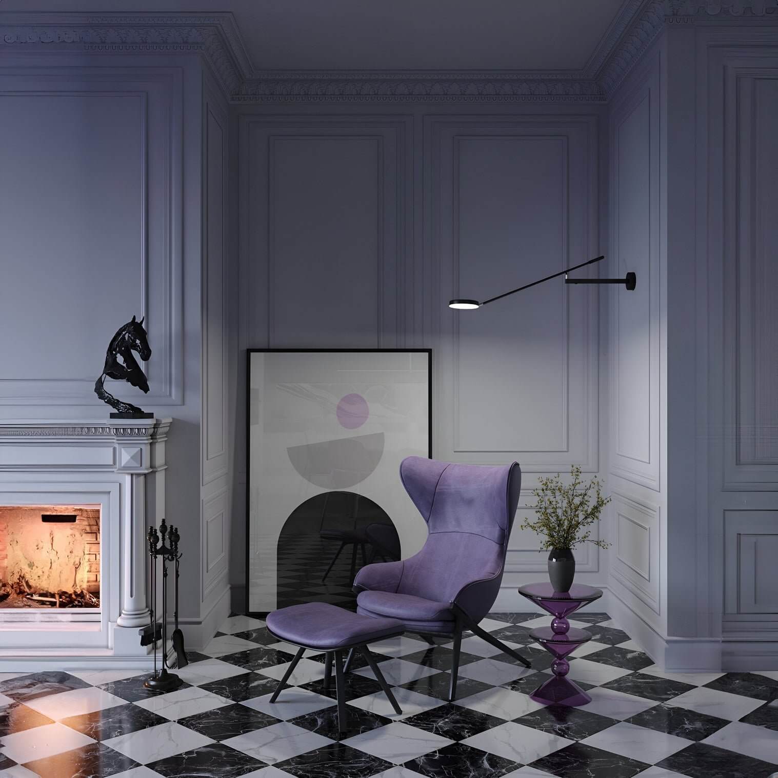 Elegant lounge with purple armchair and ottoman, black swing-arm wall lamp, monochrome artwork, and black-and-white checkered floor by a fireplace.