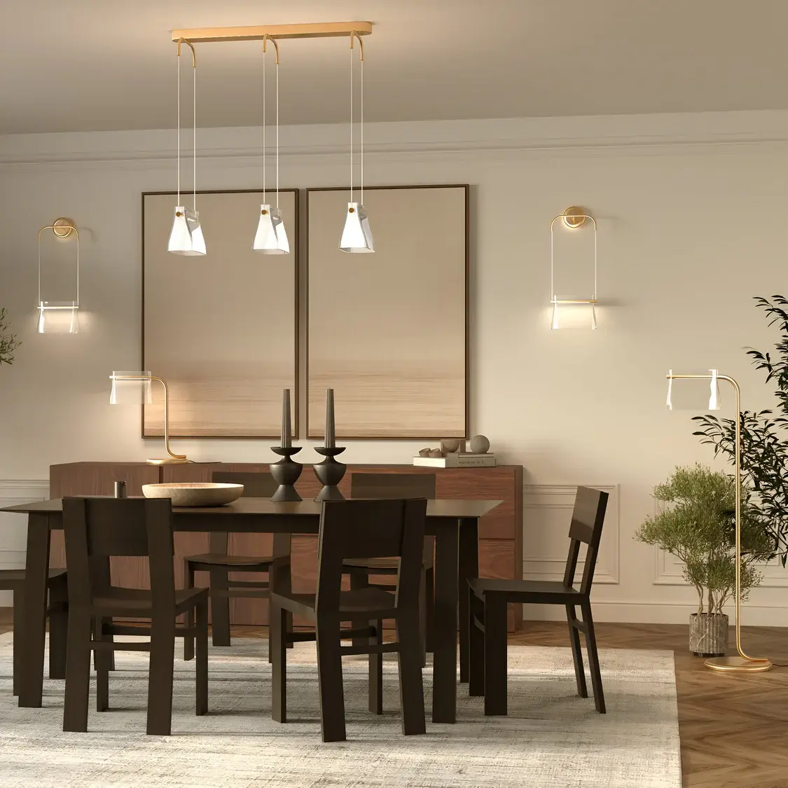 A contemporary dining room featuring a dark wooden table and chairs, surrounded by golden pendant lights, wall sconces, and a matching floor lamp, accentuating neutral tones and natural decor elements.