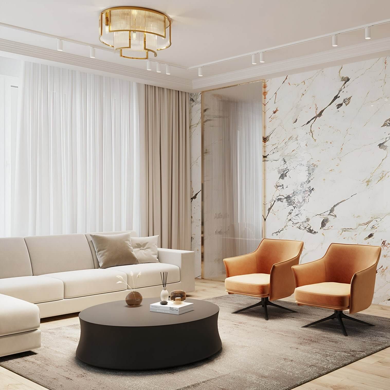 Gold round ceiling fixture with layered glass design in a living room.