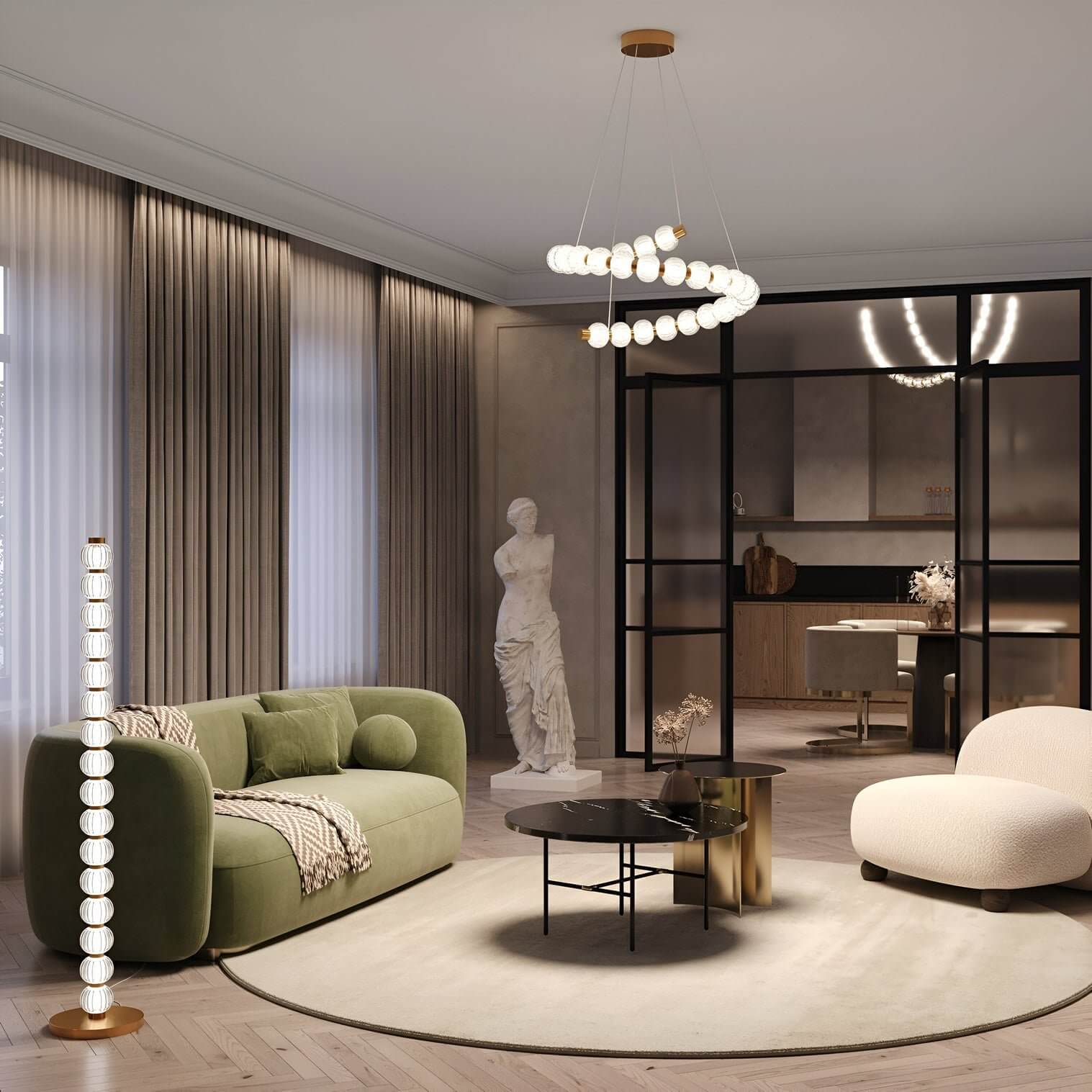 Sculptural chandelier in a moody living room with boucle armchairs, green velvet sofa, and tall floor lamp