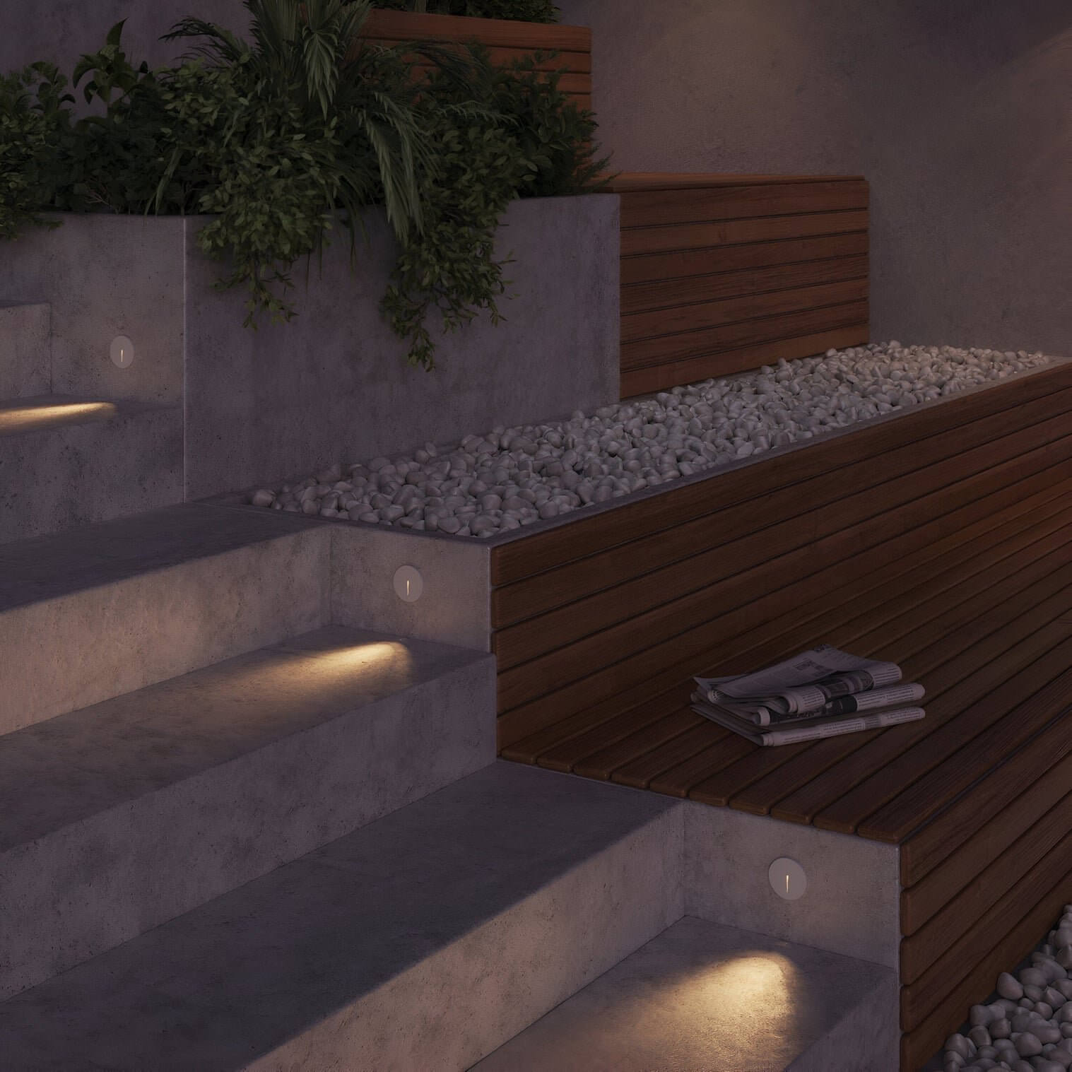 Round recessed wall lights casting downward light on outdoor concrete steps and wood seating with decorative stones.