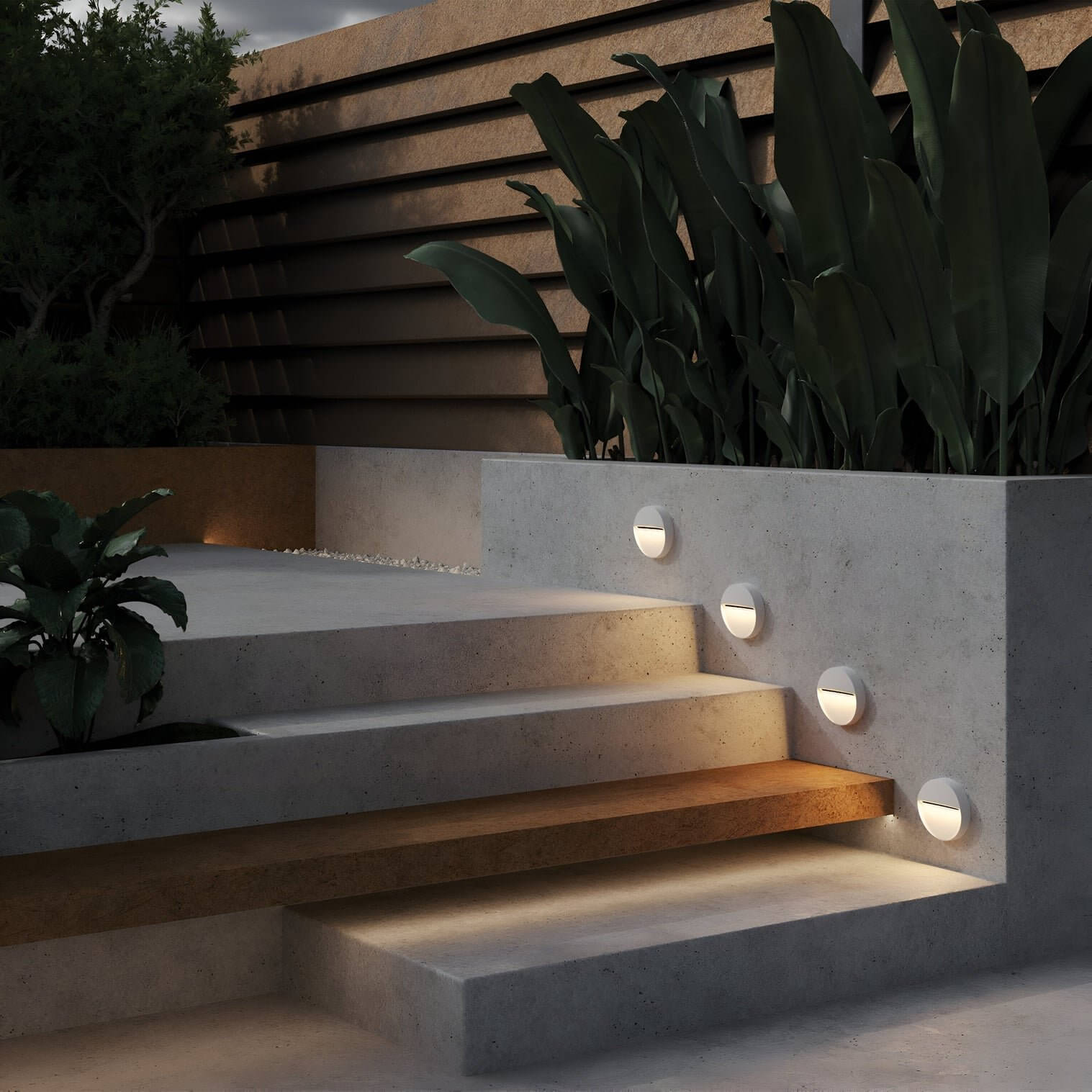 Concrete staircase with circular recessed wall lights beside large tropical plants in a minimalist outdoor setting.