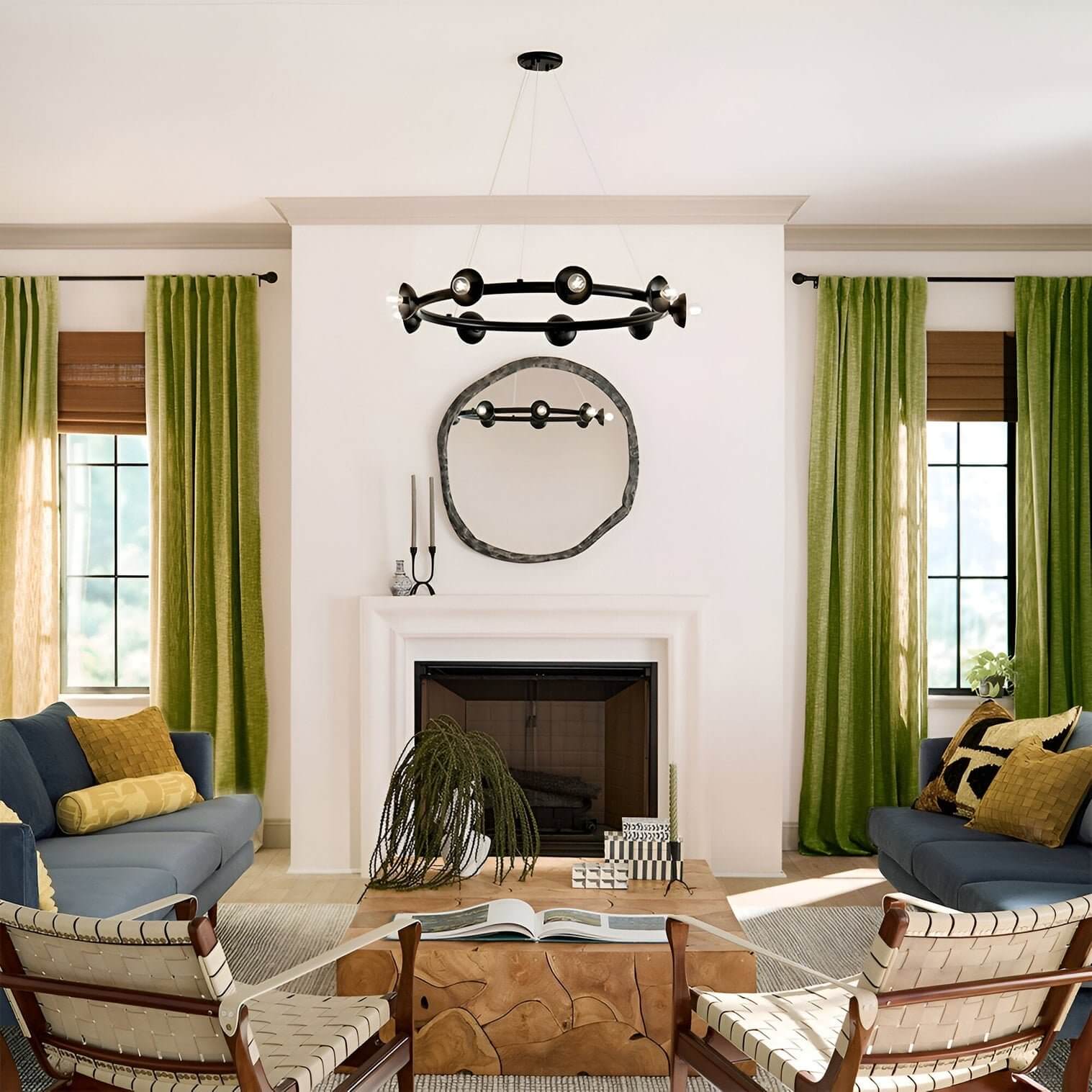 Cozy living room with a bold black circular chandelier and green curtains by the fireplace.