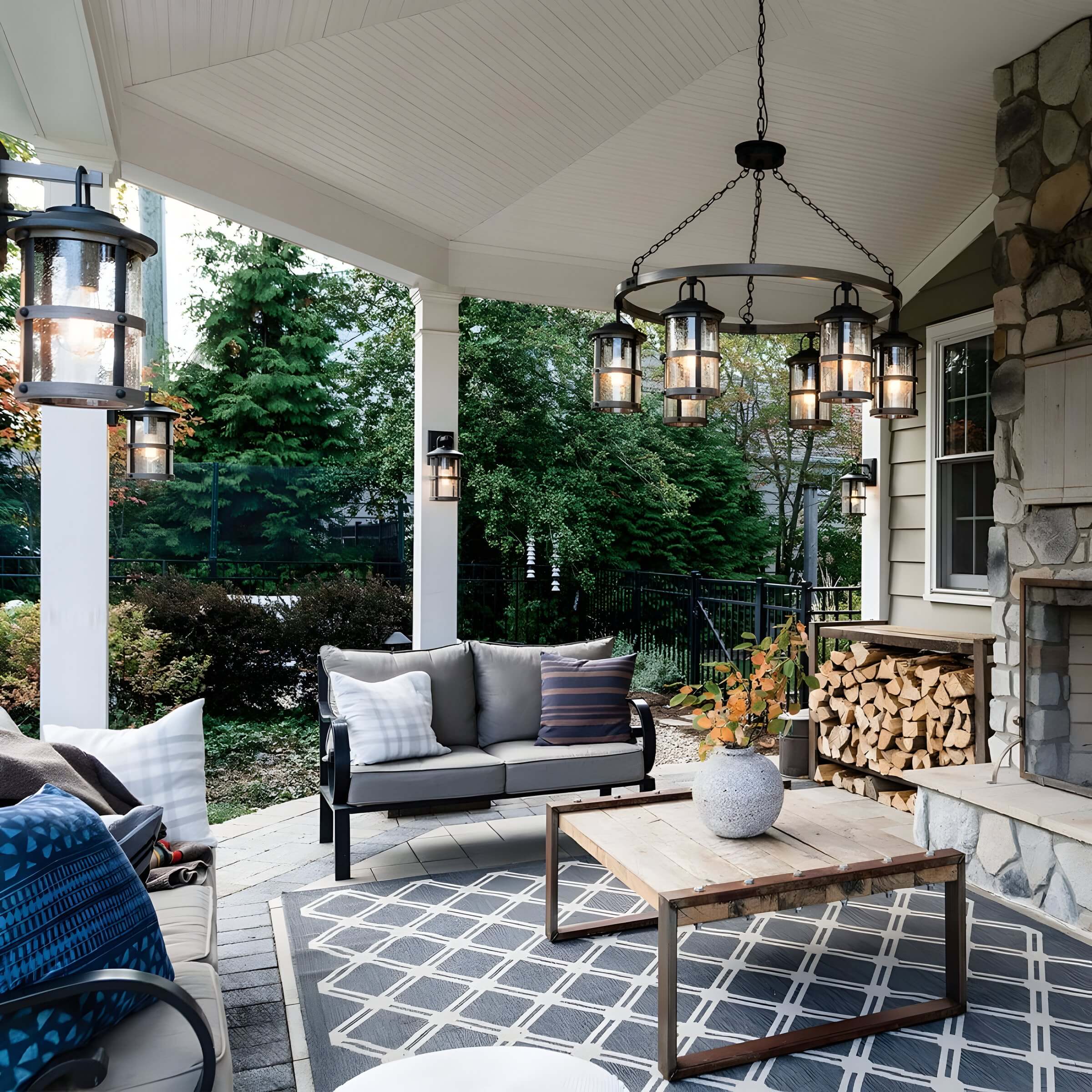 Cozy covered patio with lantern-style chandelier, wall sconces, cushioned sofas, and stone fireplace.