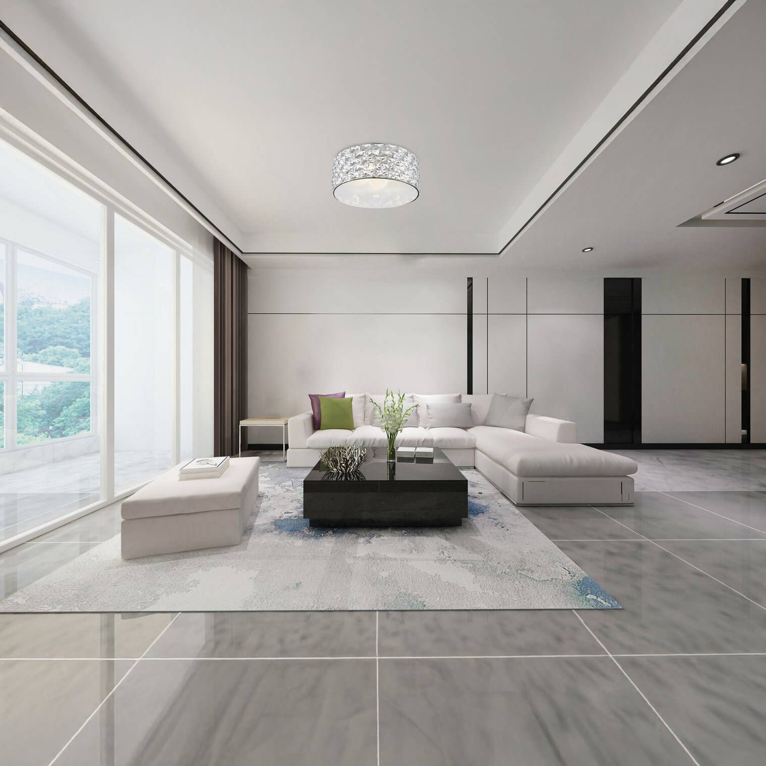 Bright modern living room with a white sectional, tiled floors, large windows, and a crystal flush mount ceiling light.