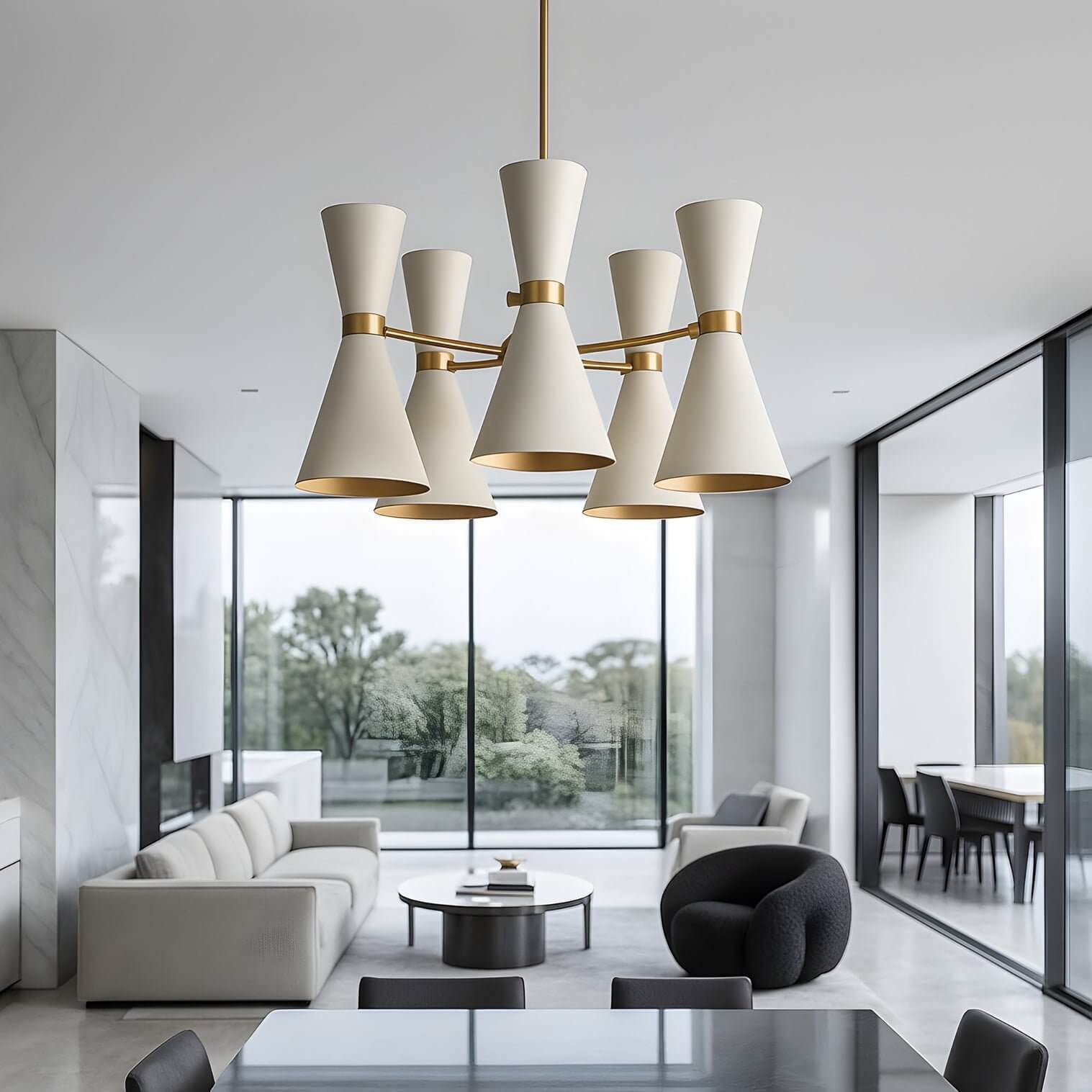 Minimalist living-dining space with a mid-century modern chandelier featuring cone shades.