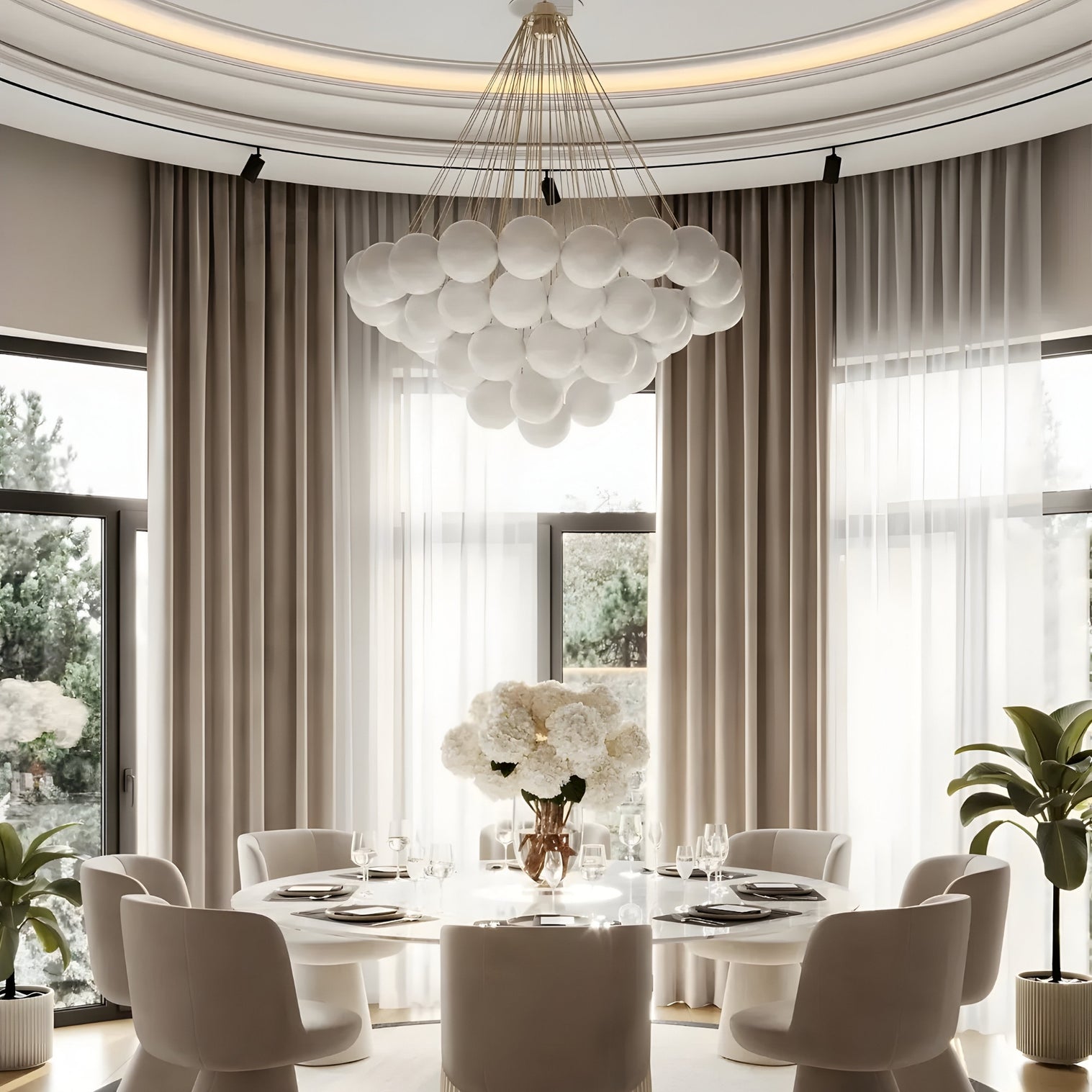 Elegant dining room with a large globe cluster chandelier hanging from a circular ceiling.