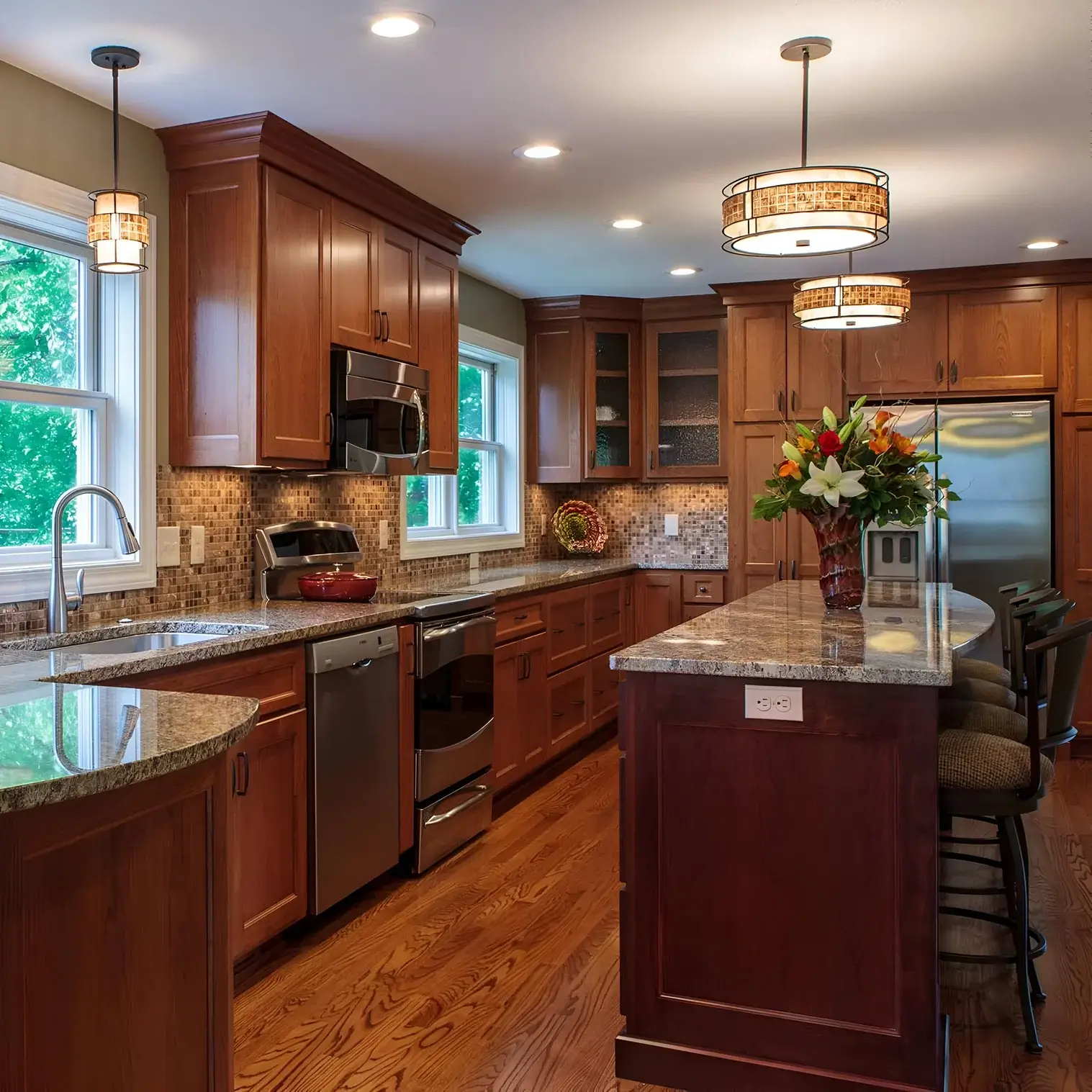 Featuring intricate mosaic detailing, this pendant light suits traditional or transitional kitchens. Its warm tones and balanced glow enhance any cozy, inviting space.