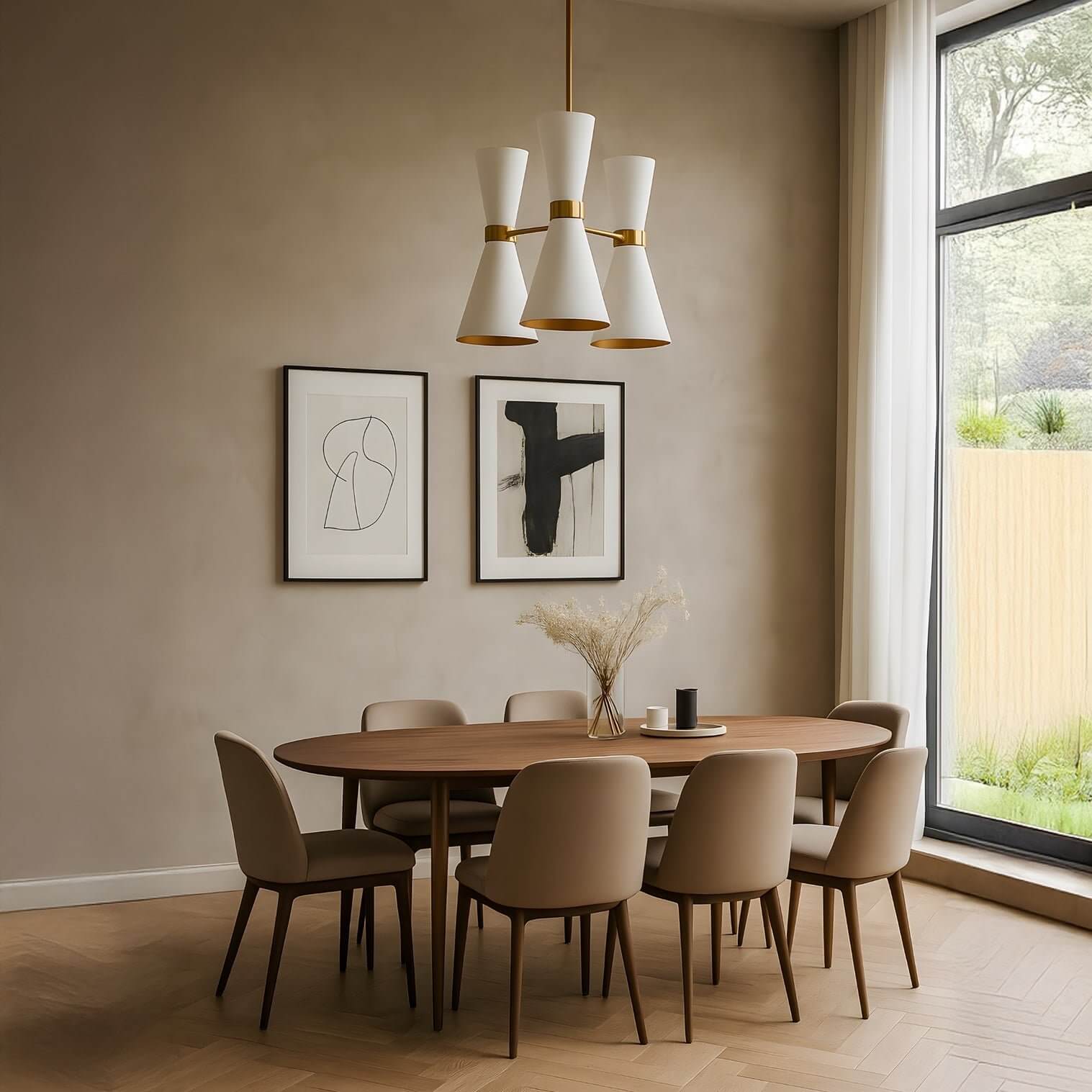 Mid-century style chandelier with dual white shades and gold accents above an oval wood table in a neutral dining room.