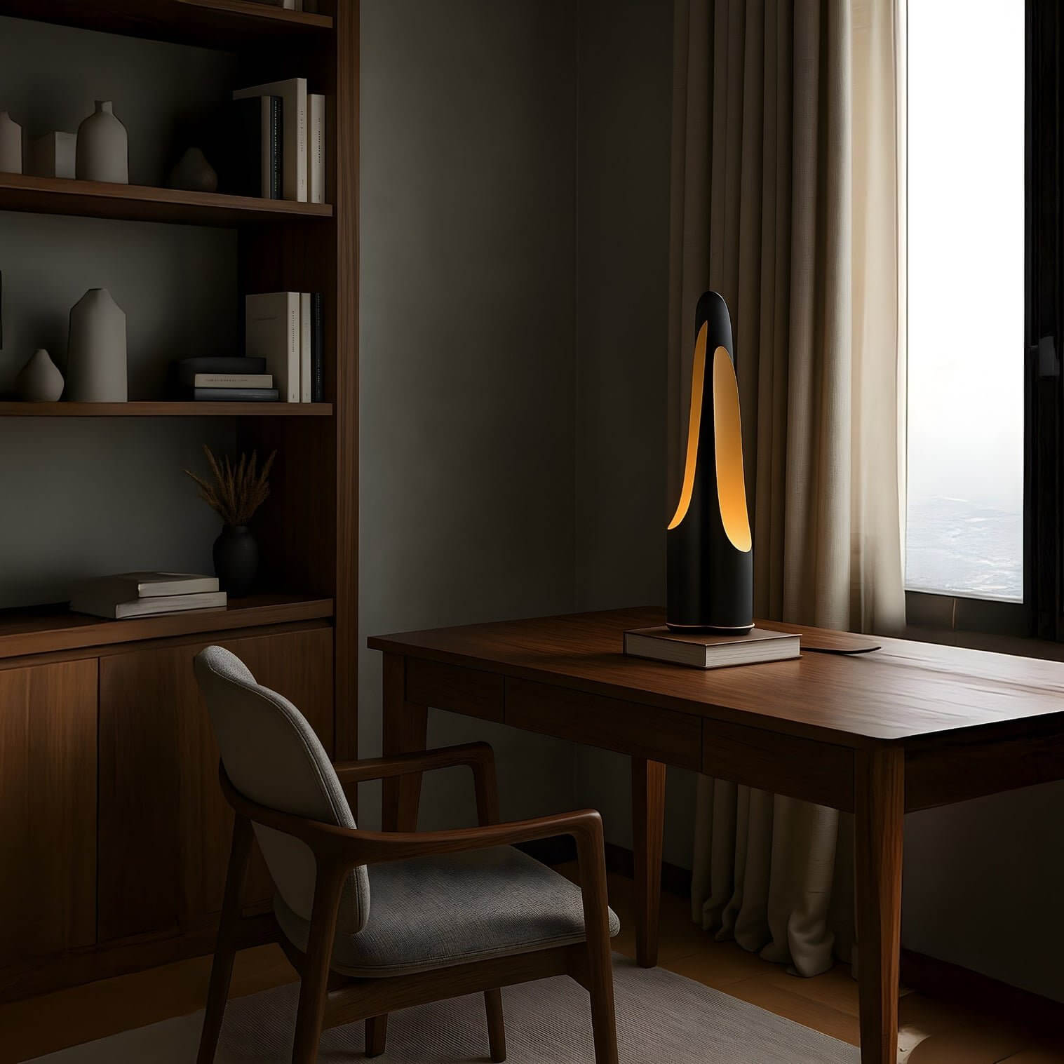 Tall sculptural black ambient lamp with warm inner glow on a wooden desk near a window.