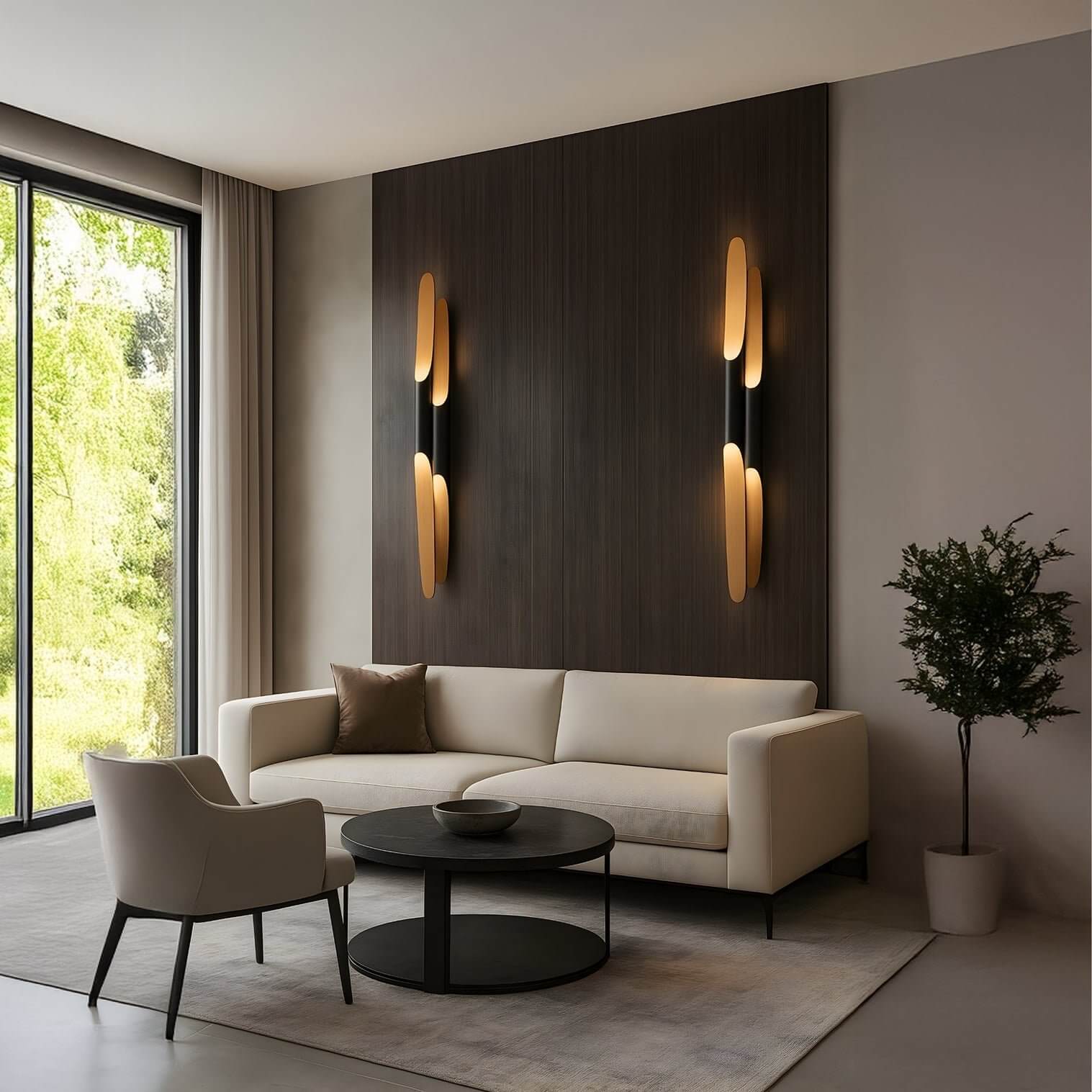 Modern lounge with a beige sofa, black round coffee table, dark wood feature wall, and two vertical ambient wall sconces.