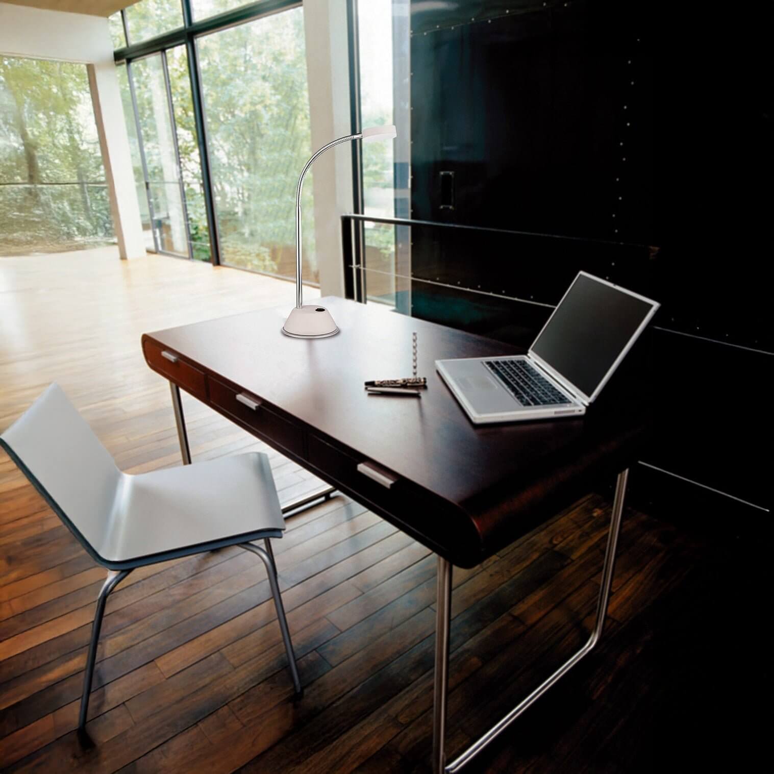 Sleek white LED desk lamp with flexible neck placed on a dark wooden office desk.