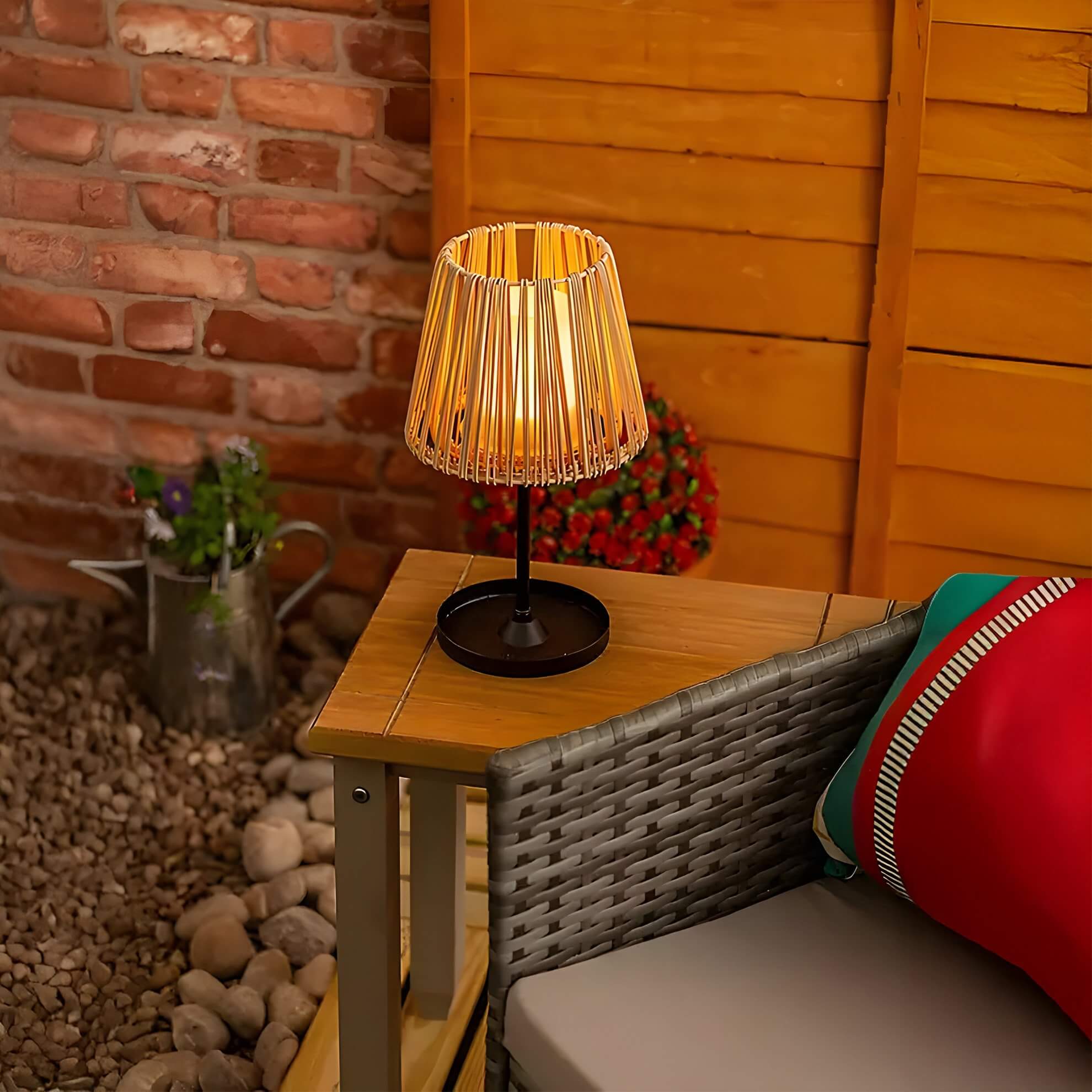 Compact woven rattan table lamp with warm glow on a wooden armrest beside brick wall and garden decor.