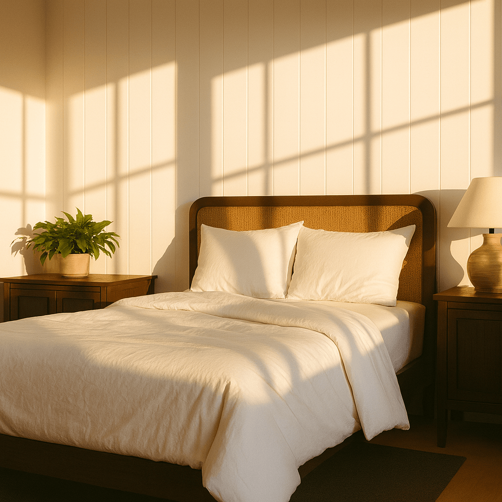Sunlit bedroom with organic cotton bedding, featuring a neatly made bed, wooden side tables, and soft morning light streaming through the window — a calm, natural sleep environment that promotes deep rest.