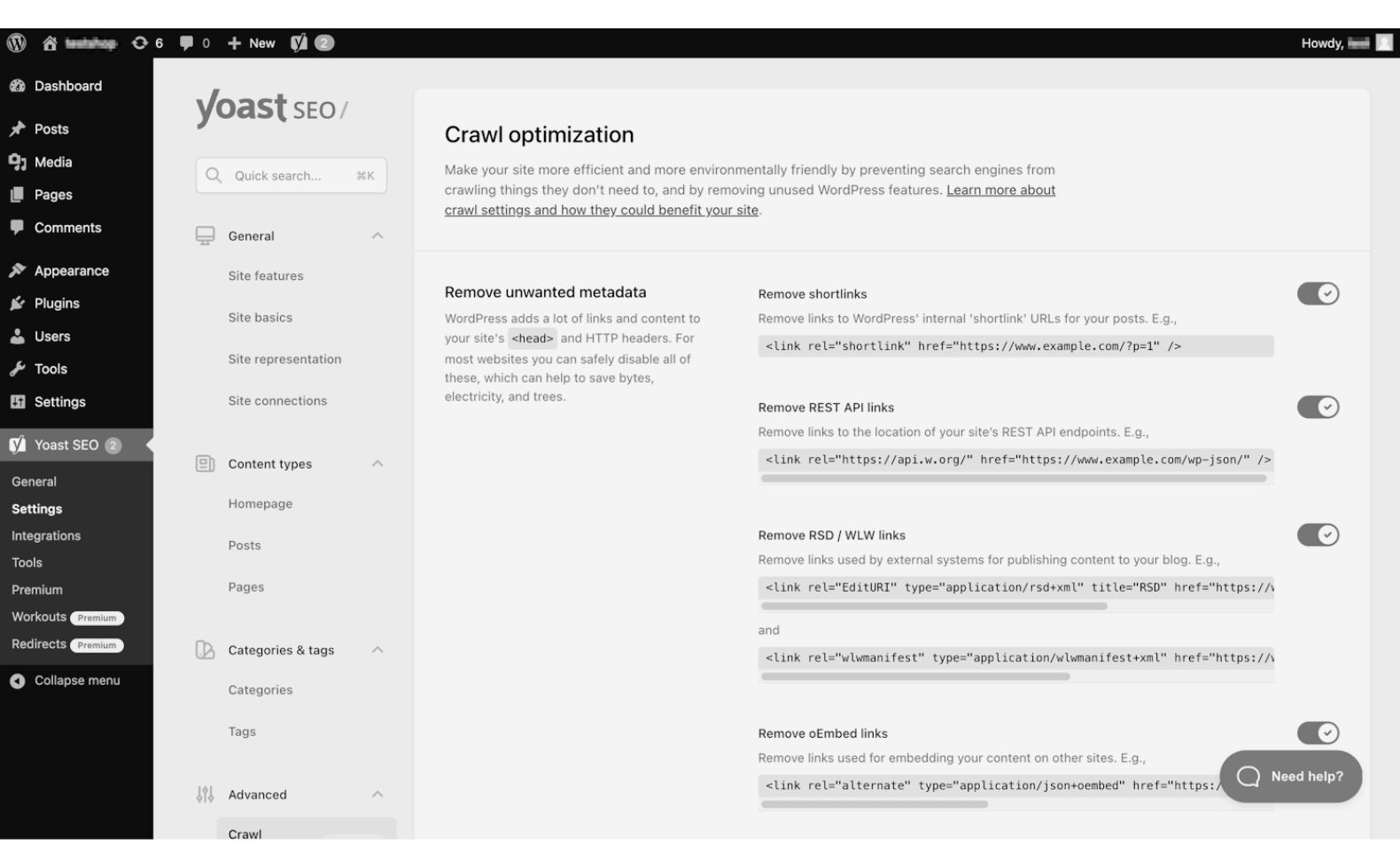 A screenshot of Yoast SEO's WordPress plugin's crawl optimization page