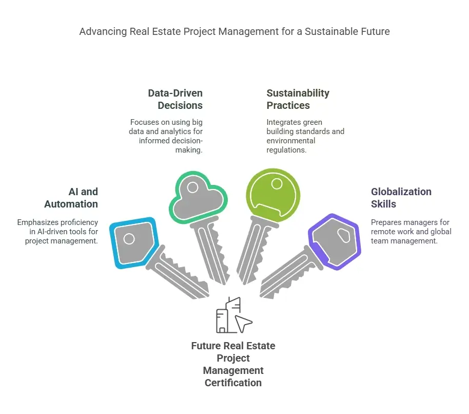 a graphic highlighting key aspects of the "Future Real Estate Project Management Certification." It features five key-shaped icons, each representing a different focus area of the certification.