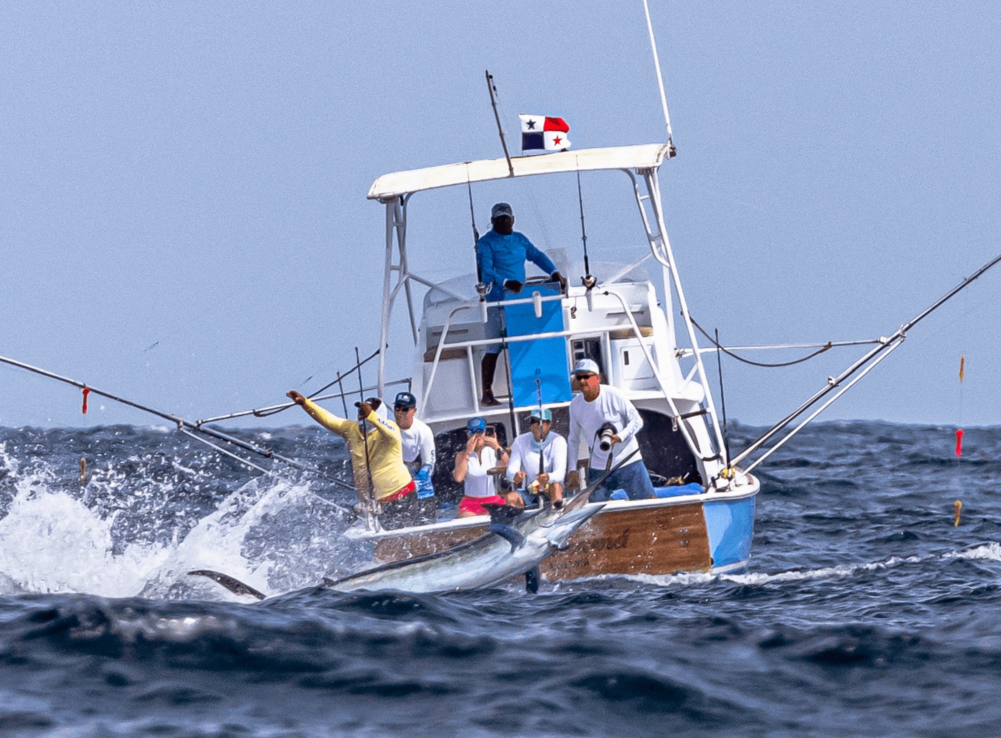 Guy Harvey and the crew hooked on a blue marling at Tropic Star Lodge