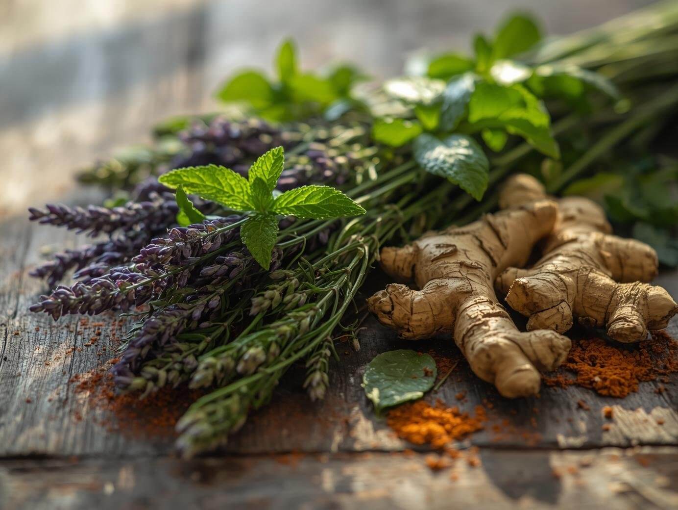Fresh herbs for migraines including ginger, peppermint, lavender, and feverfew