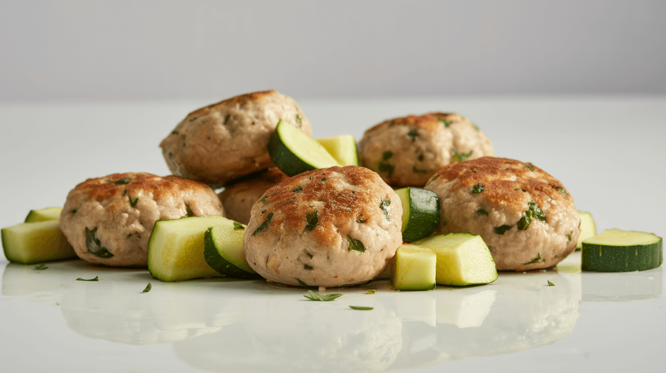 Chicken patties with zucchini pieces on white surface