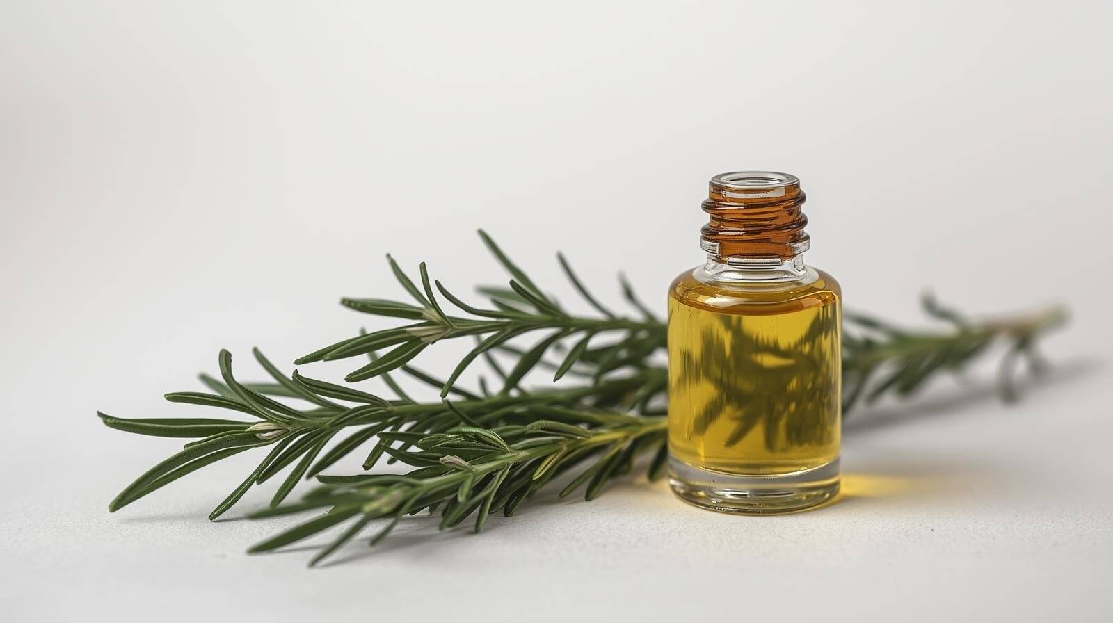  Fresh rosemary sprigs with an essential oil bottle