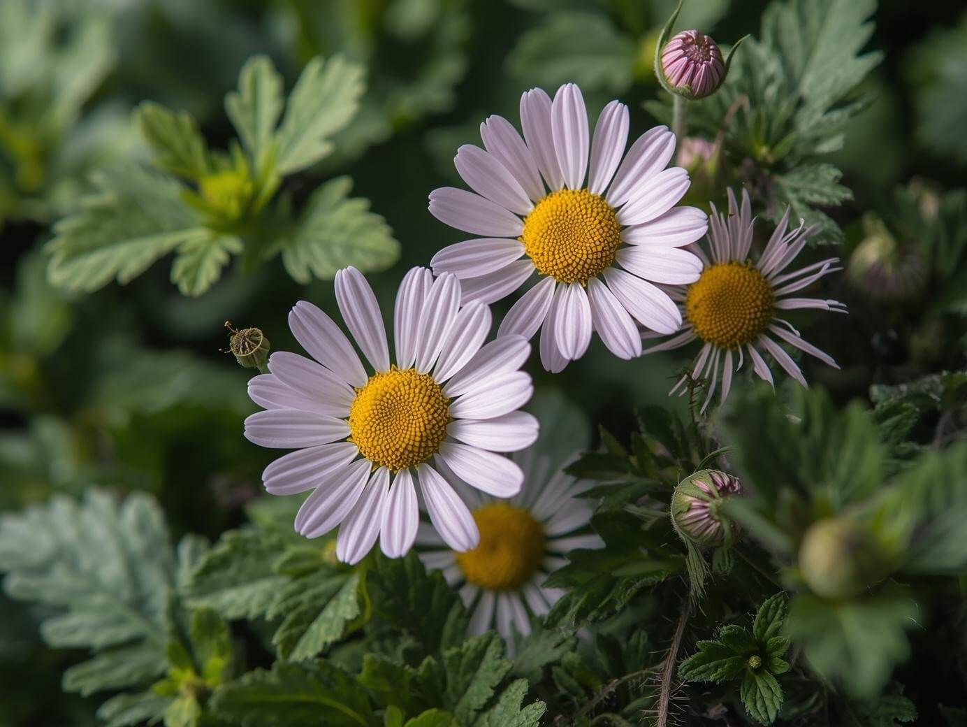 Close up of feverfew flowers often used for migraine support