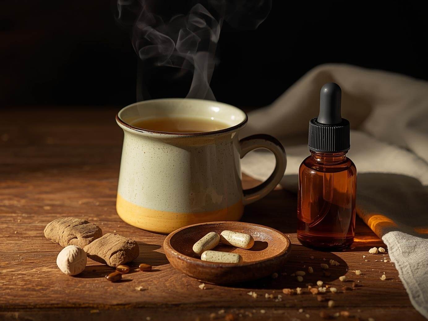 Different forms of herbal remedies for migraine including teas, capsules, and tinctures