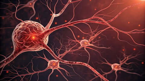 Close-up illustration of neurons with glowing synapses in red tones