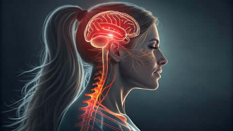 Side view illustration of woman with glowing brain and spine