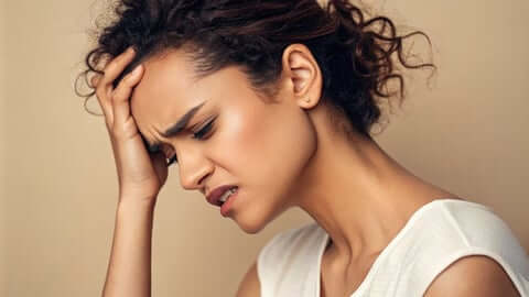 Woman holding her head in pain with eyes closed