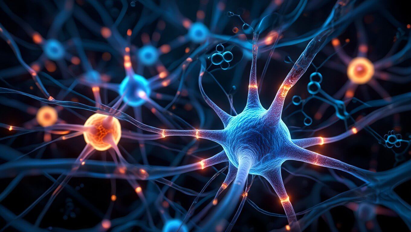 Close-up illustration of glowing neurons with molecular structures in background